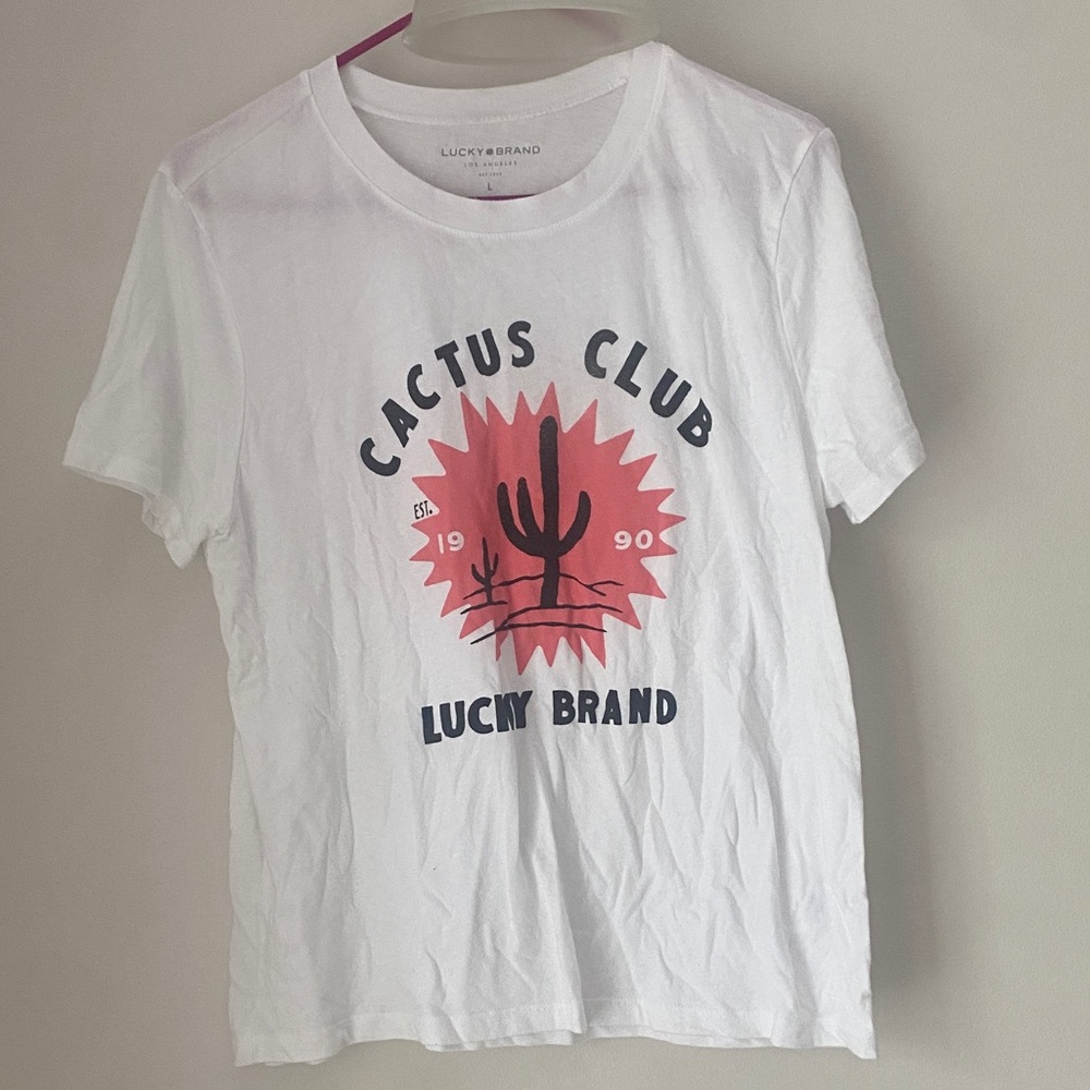 Lucky Brand White Tee with Pink Cactus Graphic